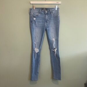 Hollister Women Mid-Rise Crop Super Skinny Distressed Streetwear Jeans Blue 1S